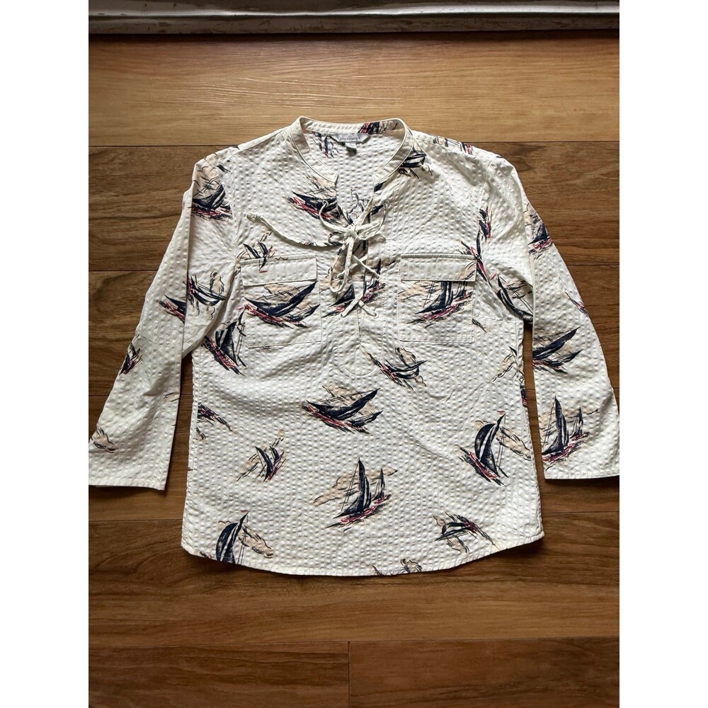L.L.Bean Signature Sailboat Print Lace Up 100% Cotton Blouse Size 6 Nautical